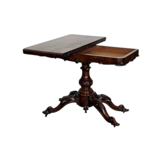 Antique English Early Victorian 1850s Figured Walnut Fold-Over Swivel-Top Card & Games Table