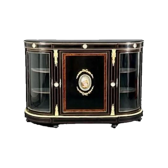 Antique English Victorian Credenza, c.1880, Napoleon III Style, Ebonised with Amboyna Crossbanding and Gilt Brass Mounts