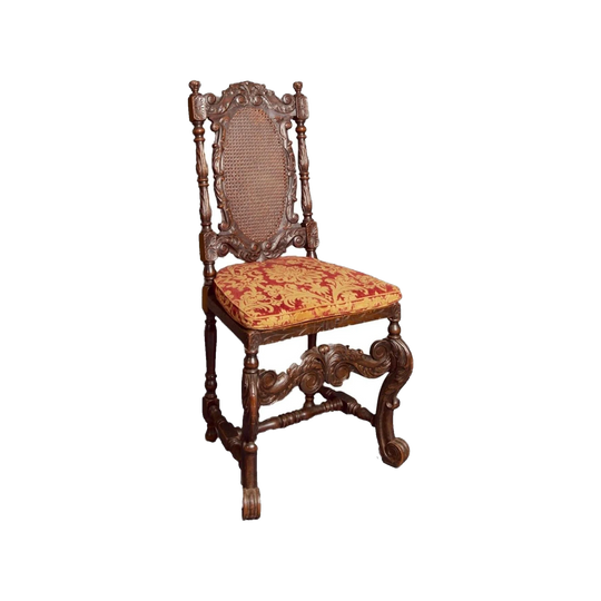 Antique English Earlier 20th Century Charles II Style Chair, Carved Timber with Caned Back and Seat