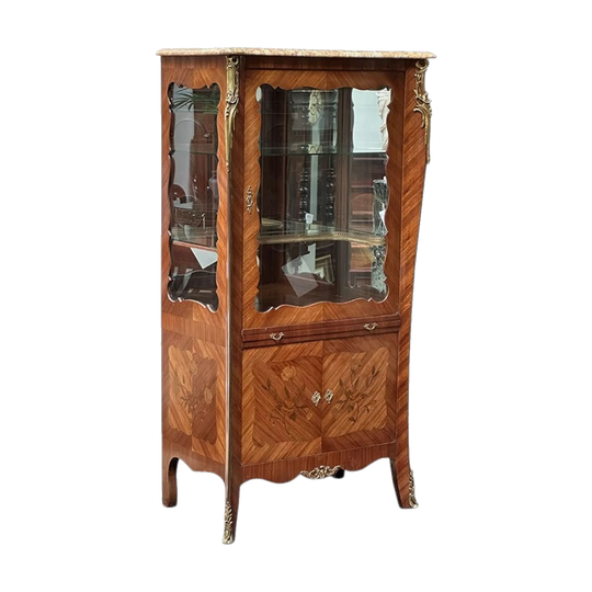 French Walnut Cocktail Cabinet with Floral Marquetry, Ormolu Mounts and Marble Top, c.1910