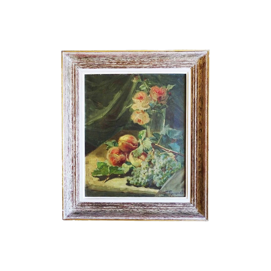 Ernest Romanet “Nature morte aux fleurs” Antique French Still Life Oil on Canvas, Flowers and Fruit, Signed, Period Frame