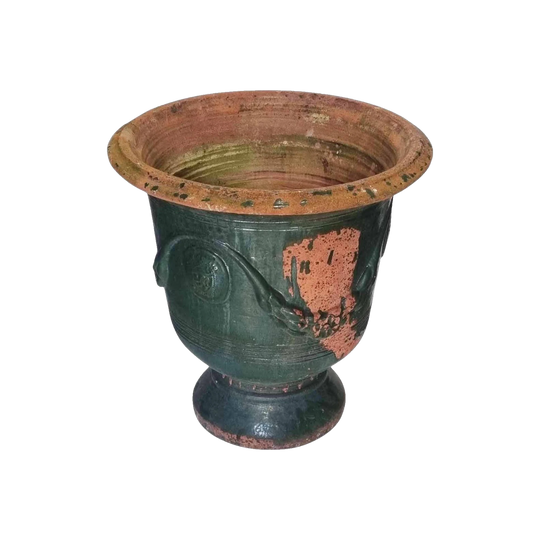 Antique French Anduze Terracotta Planter, Dark Green Glaze, Stamped 'Cote de Lion Provence'