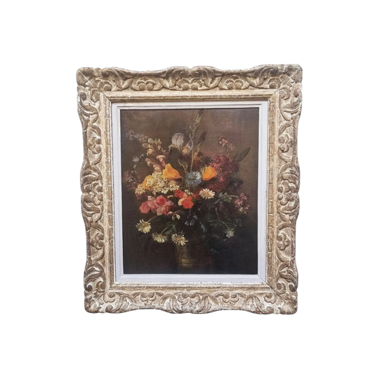 Antique French Floral Still Life Oil Painting, Signed ‘Bracony’ — Possibly Armand Bracony (1825–1894) — Oil on Canvas Laid on Panel, Period French Washed Frame