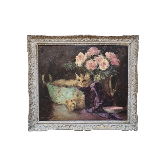 Madeleine Tombu (Belgian, 1897–1995) Cat and Still Life – Impressionist Oil on Board, Signed