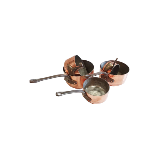 Vintage French Copper Pan Set of 5, Graduated 12–20 cm, Cast Iron Handles