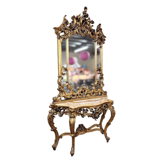French Louis XV Revival Giltwood Console Table with Golden Onyx Top and Matching Mirror