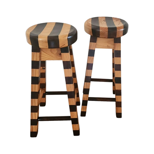 Pair of Upcycled Round Solid Vintage Pine Kitchen Stools, Hand-Painted Dark-Stain Stripes