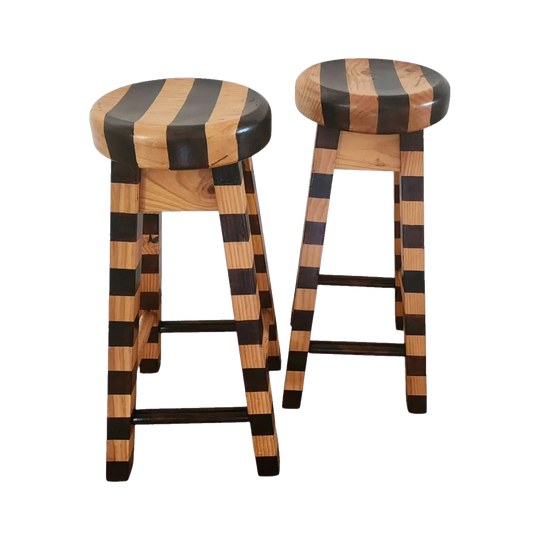 Pair of Upcycled Round Solid Vintage Pine Kitchen Stools, Hand-Painted Dark-Stain Stripes