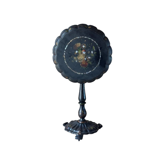 19th-Century Papier-Mâché Tilt-Top Side Table with Hand-Painted Floral, Gilt and Mother-of-Pearl Inlay