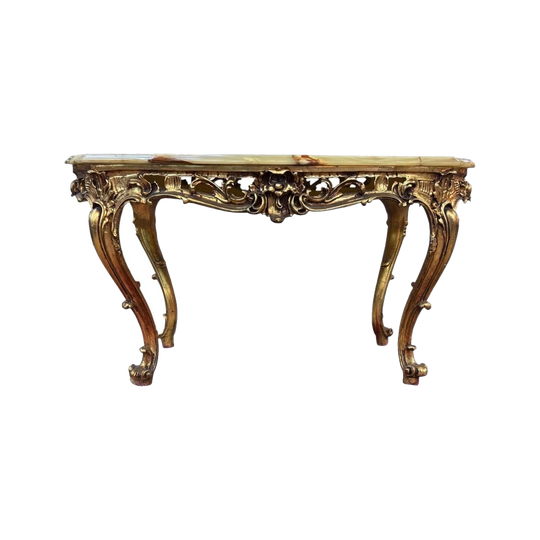 French Louis XVI Style Coffee Table, Hand-Carved Gilded Wood Base with Polished Green Onyx Top