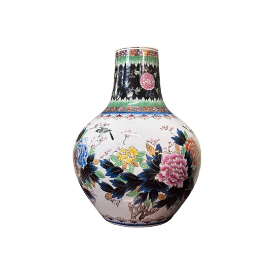 Mid-Century Oriental Baluster Ceramic Vase, Hand-Painted Birds, Chrysanthemum and Lotus, 52 cm