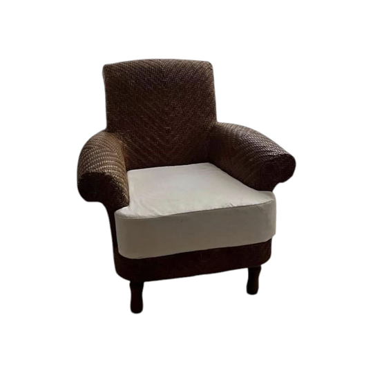 Vintage Italian Rattan Armchair, Herringbone Weave, White Linen Cushion
