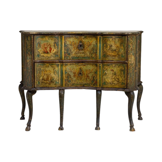 Rare 18th-Century Venetian Rococo Serpentine Commode, Hand-Painted Mythological Scenes, c. 1760s