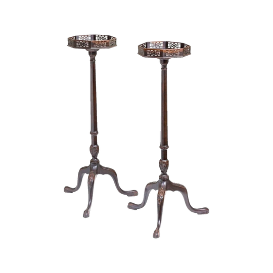Pair of Mahogany Chippendale-Style Fern Stands with Fretwork Gallery, Reproduction, RMH Mark