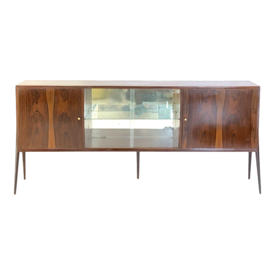 Brazilian Rosewood Narrow Sideboard on Scissor Legs with Glass Sliding Doors and Brass Handles, 1960s Brazil