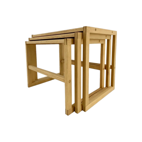 Danish Oak Slide-Out Nest of Three Tables with Sled Legs