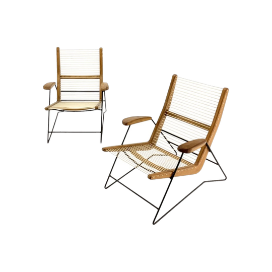 Matching Pair of Martin Eisler & Carlo Hauner String Chairs, Brazil, 1960s, Iron Frame and Wool Upholstery
