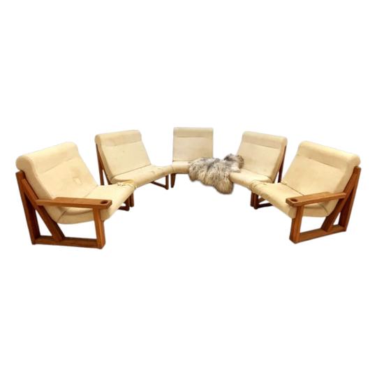 Danish Modular Seating Set in Cream Canvas with Oak Frames – 5 Chairs, 4 Arms