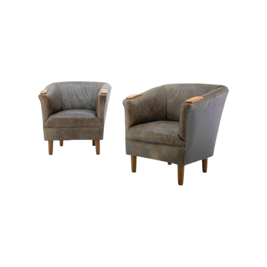 Danish Art Deco Brown Leather Tub Chair, 1940s - Pair Available