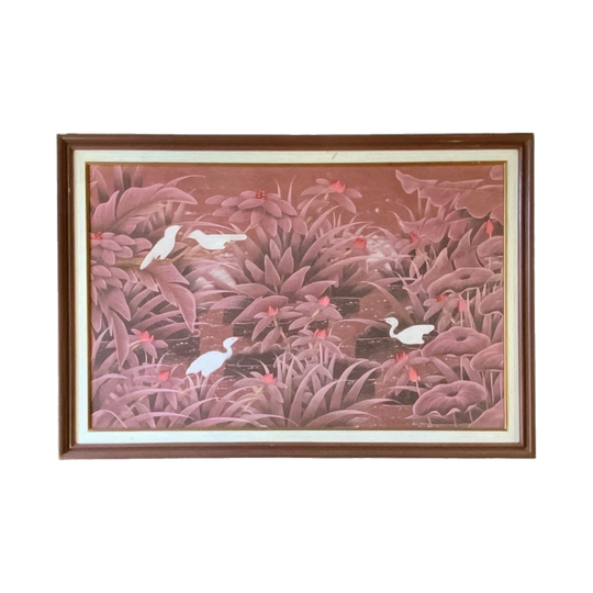 Large Vintage Framed Silk Print of White Birds/Herons