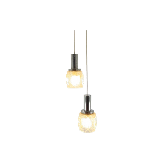 Pair of Danish Crystal Glass and Chrome Double-Drop Ceiling Pendants with Yellow Detail