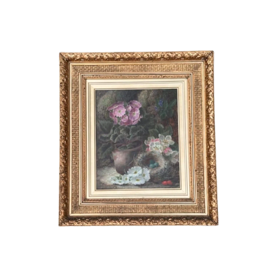Oliver Clare 19th-Century Oil on Board Still Life Painting with Bird’s Nest, Signed, Gilt Frame