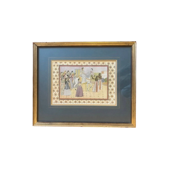 Vintage Indian Wedding Scene Artwork, Landscape, Gold Frame with Dark Green/Grey Mat, Behind Glass