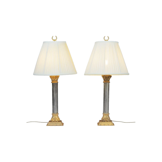 Pair of Glass Column Table Lamps with Acanthus-Leaf Brass Bases, Possibly English, Early 20th Century