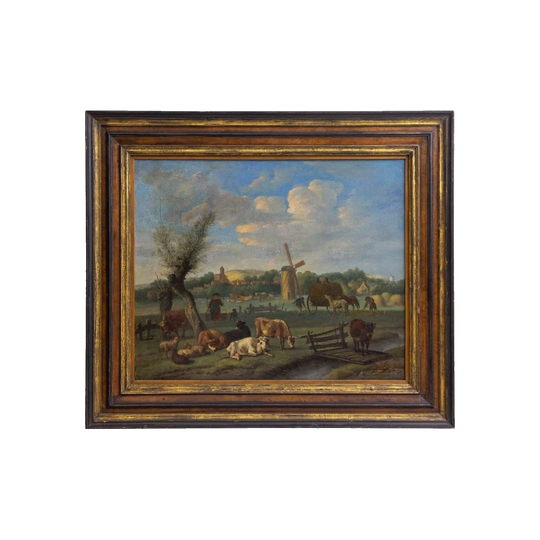18th-Century Dutch Oil on Canvas Landscape with Cows and Windmill, Gilt and Painted Frame