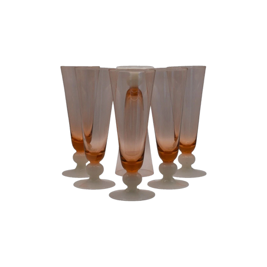 Vintage Coloured Champagne/Parfait Glasses with white ball stem and foot. Set of 6
