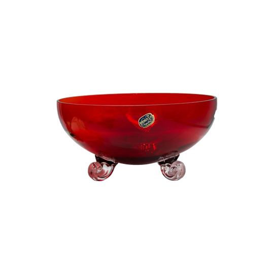 Vintage Bohemian Red Ruby Crystal Bowl with Swirled Clear Feet