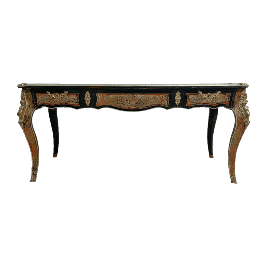 19th-Century Bureau Plat Writing Desk in the Manner of Boulle, Brass and Red Tortoiseshell Inlay, Starfire Glass Top