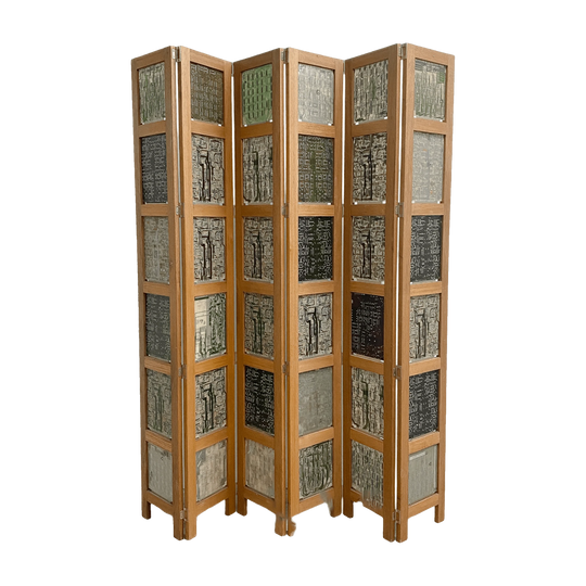 Mid-Century Solid Wood Folding Room Divider Screen with ‘Hi-Tech’ Computer Circuit Boards