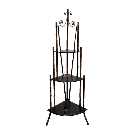 Victorian Tiger Cane Corner Whatnot with Japanese Hand-Painted Black Lacquer Panels