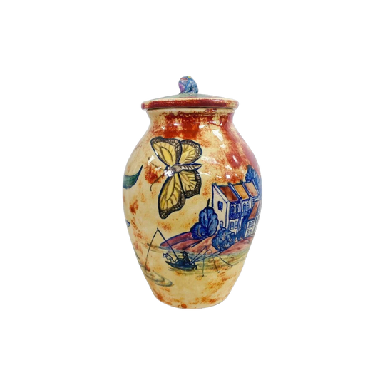 1950s Hand-Painted Studio Pottery Lidded Pot with Blue Frog Finial