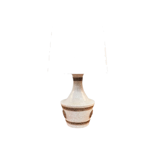 Mid-Century Italian Ceramic Table Lamp – Dappled Cream Glaze with Brown Banding and Medallion Pattern