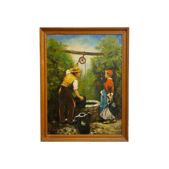 Danish Oil on Canvas Painting, Meeting at the Well, Framed