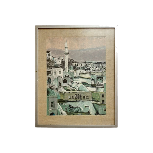 Mid-Century Signed Original Pastel – Urban Hillside Townscape with Minaret