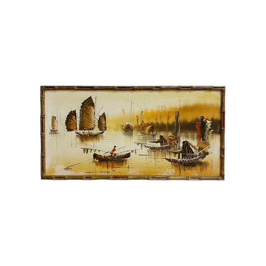 Mid-Century Riverscape Painting with Junks and Fishing Boats, Bamboo-Style Frame