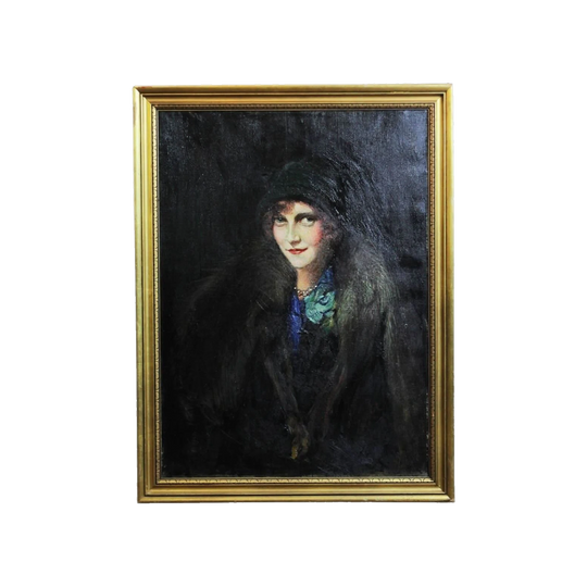 Art Deco Framed Oil on Canvas Portrait of a 1920s Woman, Signed
