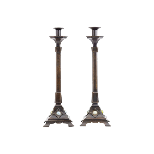 Pair of Tall Tiffany Studios Bronze Candlesticks with Favrile Glass Medallions