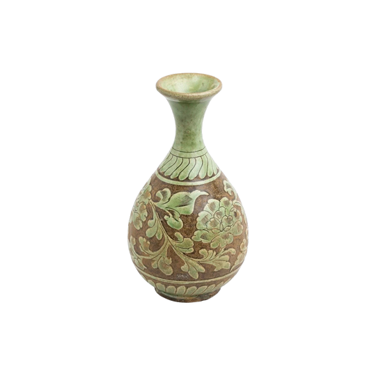 Chinese Song Dynasty (960–1279 CE) Cizhou Pottery Vase, Yuhuchunping Pear Shape, Green and Brown