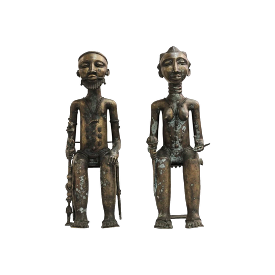 Pair of Baule Bronze Seated King and Queen Figures, Côte d’Ivoire, Late 19th Century