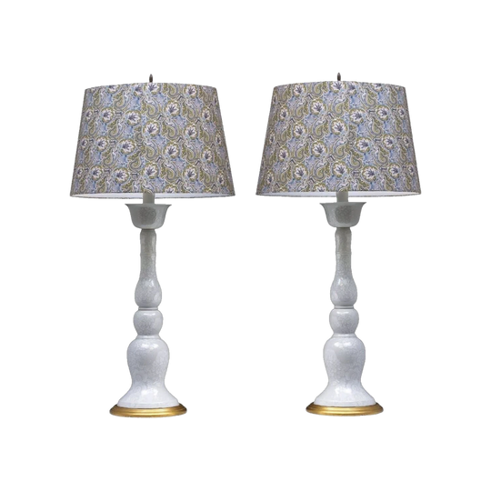 Pair of Large Chinese Grey Ceramic Table Lamps, Triple Gourd Form with Hand-Painted White Florals and Barrel Shades