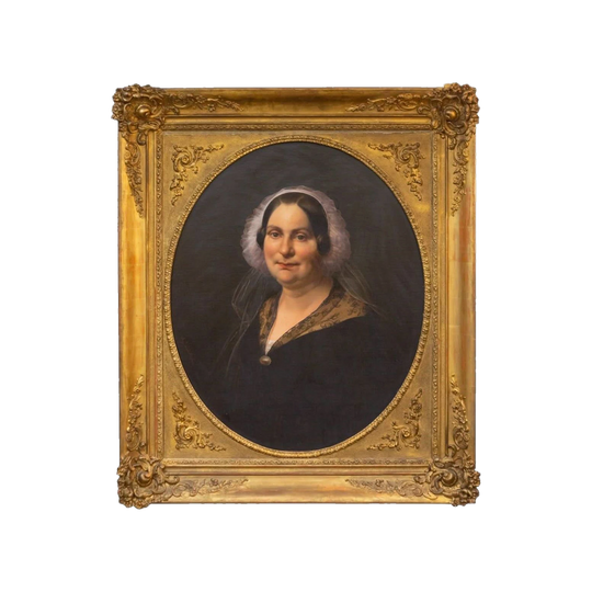 Late 19th‑Century Oval Oil Portrait of a Lady, Likely Dutch, Signed ‘Augt. Van Den Burgh’, Original Gilt Timber Frame