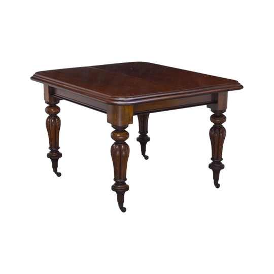 Victorian Mahogany Extending Dining Table, Two Leaves, Reeded Baluster Legs on Casters