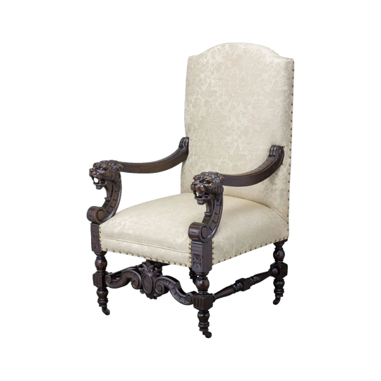 19th-Century Victorian Louis XIII-Style Armchair with Carved Lion Armrests