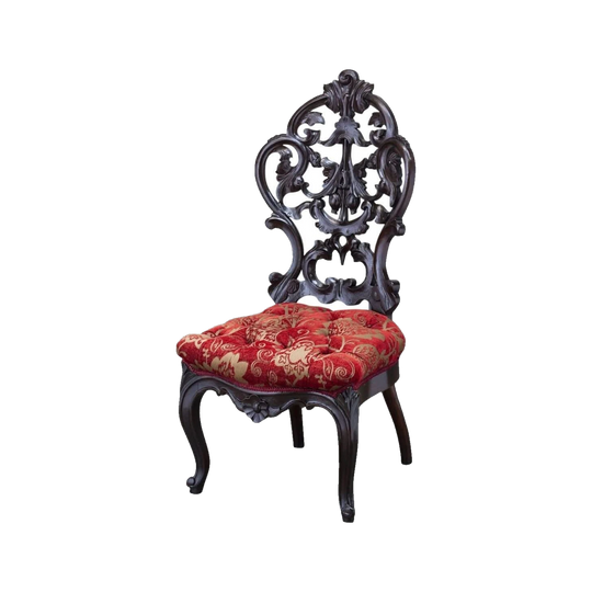Victorian Carved Slipper Chair, Red Velvet Damask Upholstery