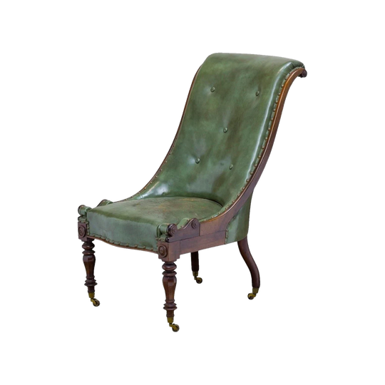 William IV Rosewood Library Chair with Green Leather and Brass Castors, c. 1830s