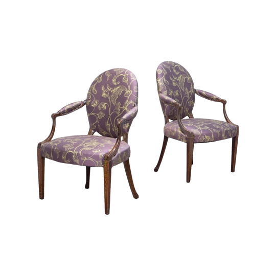 Pair of George III Hand-Painted Mahogany Side Chairs with Medallion Backs and Padded Arms, c. 1770